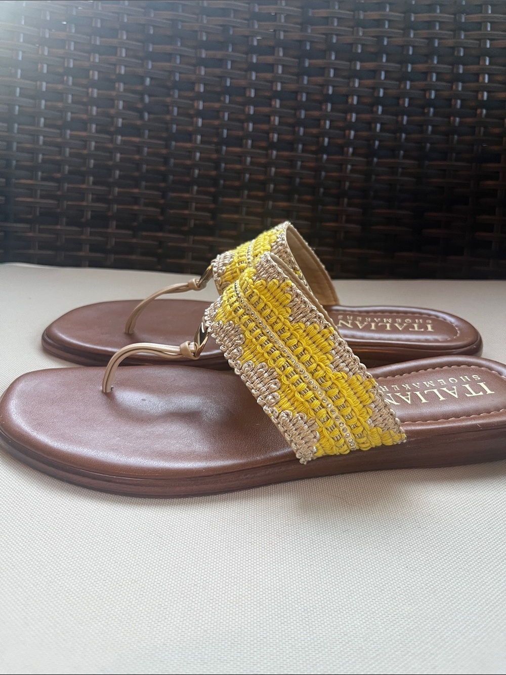 Italian Shoemakers Yellow and Brown Embroidered Thong Sandals